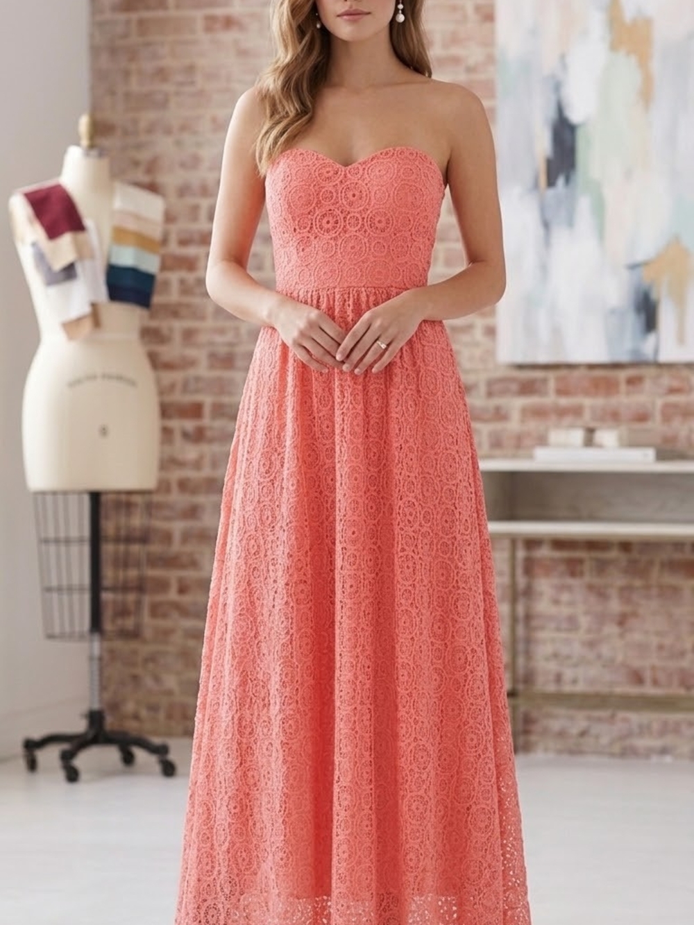 No Boundaries Coral Strapless Lace Maxi Dress